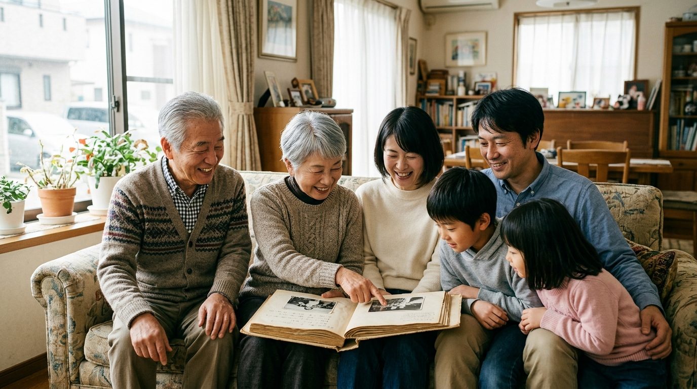 3世代の家族がリビングのソファで、古いアルバムを一緒に見ている